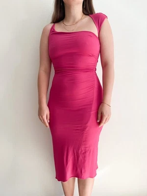 Vintage Max Mara Pianoforte Fuchsia Bodycon Dress Ruched Side Asymmetrical Hem - Image 1 of 4