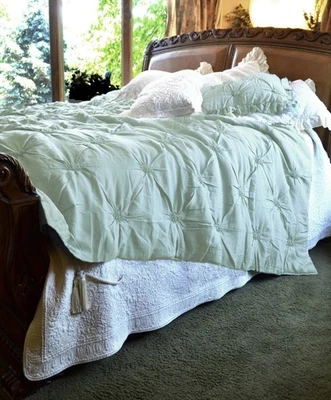 SOFT SURROUNDINGS KING Lombardi Smocked Coverlet Sage Green with Matching Shams - Image 1 of 4
