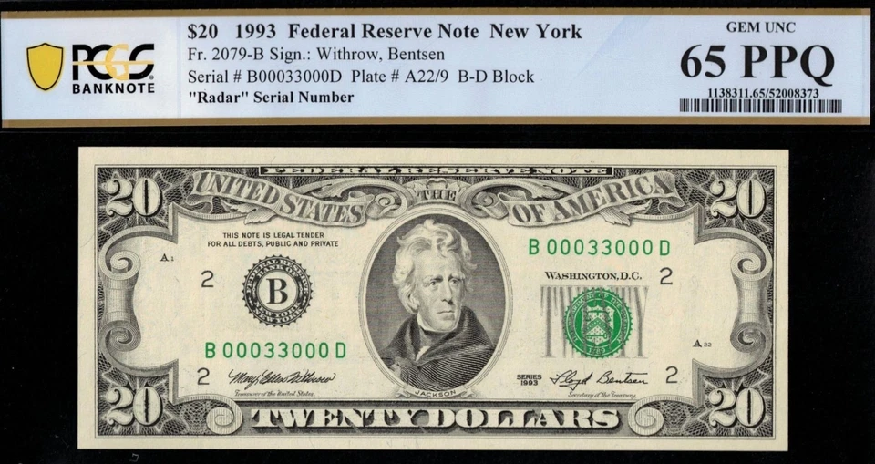 1993 $20 FRN B00033000D P.C.G.S #65PPQ - Image 1 of 3