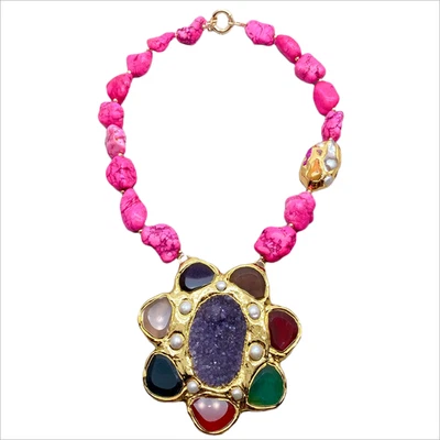 粉色自由形绿松石玛瑙德鲁兹吊坠项链修复项链 — 第 1/4 张图片