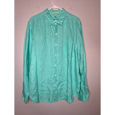 Camisa Tommy Bahama Neón Verde Teal Costera Minimalista Playa Lino Abotonada XL Foto 1 de 4