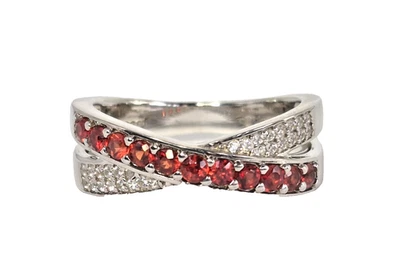 Sanguine Sapphire & Zircon Criss-Cross Ring Size 8 Rhodium Over Sterling Silver - Image 1 of 4