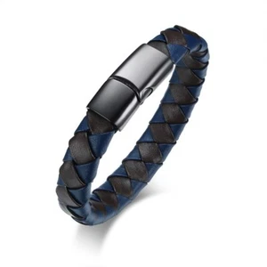 12mm Black Blue Braided Genuine Leather Men Bangle Stainless Steel Male Bracelet - Picture 1 of 7