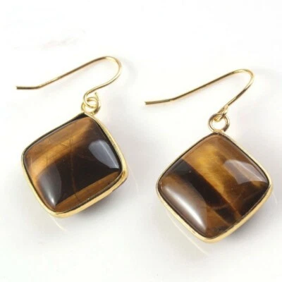 Pendientes colgantes clásicos HUGO 17mm cuadrados ojo de tigre piedras preciosas chapados en oro amarillo Foto 1 de 4