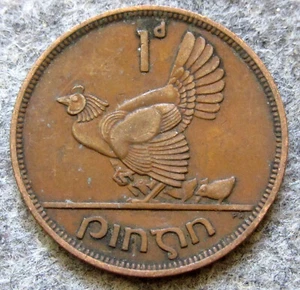 IRELAND 1941 1 PINGIN - PENNY, HEN WITH CHICKS & Gaelic Harp, Bronze km# 11 - Picture 1 of 6
