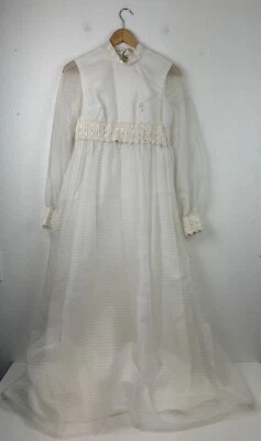 Vintage 60's Emma Domb Wedding Dress Peasant Prairie Puff Sleeve Tulle High Neck - Image 1 of 4
