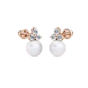 14K Rose Gold 0.30Ct Diamond & Cultured Freshwater Pearl Ball Stud Earrings - Picture 1 of 4