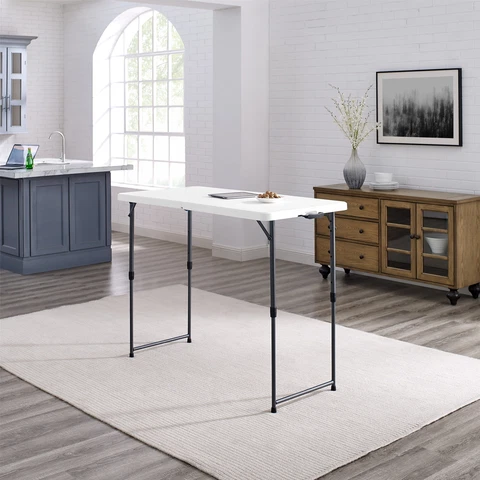 LY 4 Foot Adjustable Height Premium Folding Table, White Granite Cover