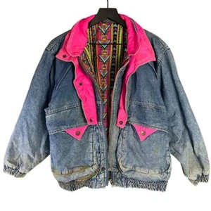 Vintage Jinglers Denim Jacket Pink Lined Grunge Retro Distressed Adult XS S 146 - Picture 1 of 13