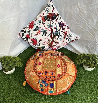 Indien Orange Round Pillow Cushion Cover Floor Patchwork Throw Boho Décor Cover - Image 1 of 4