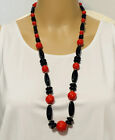Vintage 30” Red Black & Gold Tone Beaded Necklace Bold Colors Plastic Type Beads