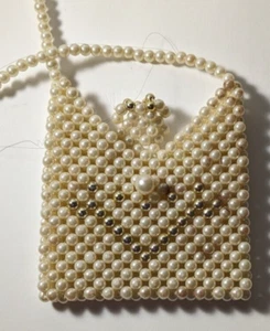 Vintage WHITE Beaded Purse Bag With Gold Trim - Picture 1 of 8