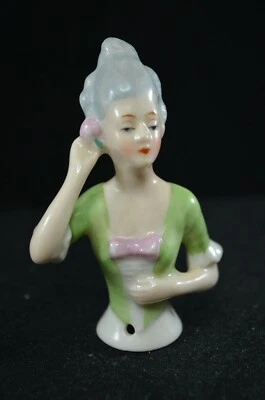 VINTAGE PIN CUSHION PORCELAIN HALF DOLL WITH GREEN TOP 7.5 CMS (HD10) - Image 1 of 4