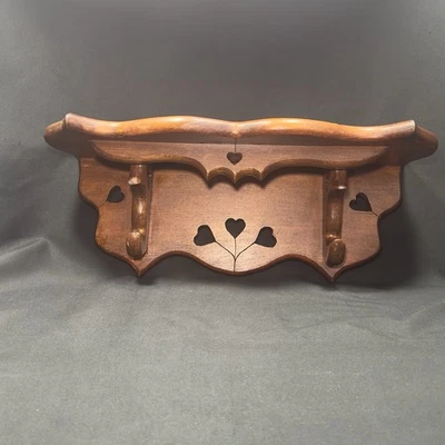 Vtg Solid Wood Heart 6 Cutouts Wall Shelf 2 Pegs 7”x18”x5.5” Country Cottage - Image 1 of 4