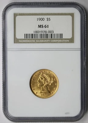 1900 Liberty Head 半鹰金 $5 MS 61 NGC — 第 1/4 张图片