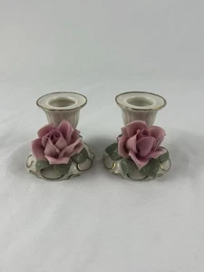 VTG Capodimonte Dresden Pink Porcelain Rose Candle Holders Set of 2 EUC - Picture 1 of 8