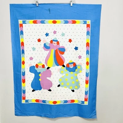 Vintage Fabric Panel Clowns Stars Blue Purple Baby Blanket Unfinished 35”x46” - Image 1 of 4