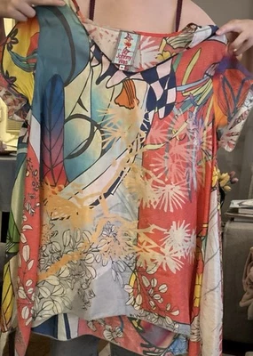 Túnica Johnny Was 100 % seda túnica boho artesanal manga corta colorida talla M RN87291 Foto 1 de 3