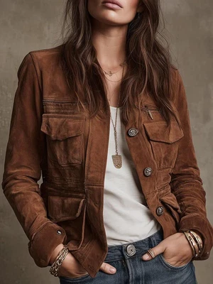 Женская коричневая замшевая кожаная куртка | винтажная богемная военная куртка дальнобойщика - Изображение 1 из 4