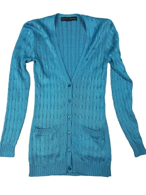 Cárdigan para mujer Ralph Lauren etiqueta negra tejido con cable de seda talla pequeña turquesa Foto 1 de 4