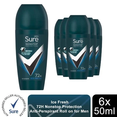 Sure Men Anti-Perspirant Roll On 72H Nonstop Protection Ice Fresh 50ml, 6 Pack - Image 1 of 4