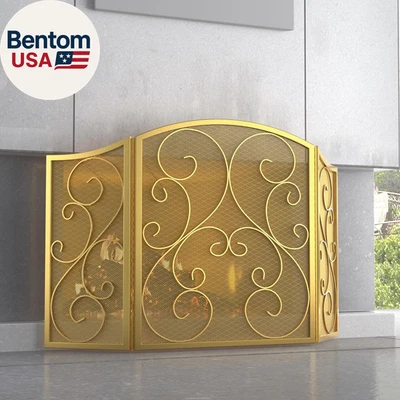 Pantalla de chimenea 3 paneles hierro forjado metal 48" (L) X30 (H) cubierta protectora contra chispas (dorado Foto 1 de 4