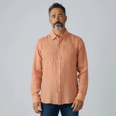 Camisa Saks Fifth Avenue Para Hombre Mediana Naranja 100% Lino Abotonada Ligera Foto 1 de 4