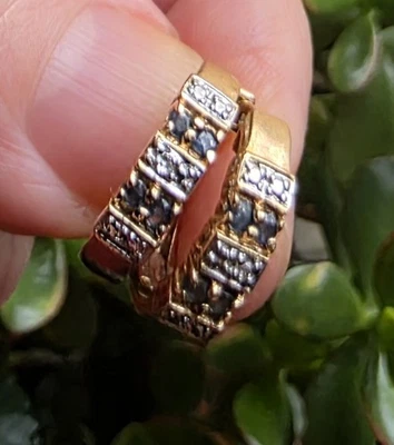 ROSS~SIMONS~ORO~EN~925~ESTERLINA~PLATA~con~ZAFIRO~DIAMANTE~ACENTO~ARO~PENDIENTES Foto 1 de 4