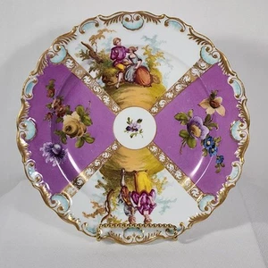 Meissen Hand Painted Rococo Revival Plate Courting Couples Flower Purple Antique - Picture 1 of 12