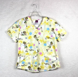 DISNEY Tinker Bell Scrub Top Yellow Cotton Medical V Neck Womens Size Medium - Picture 1 of 10