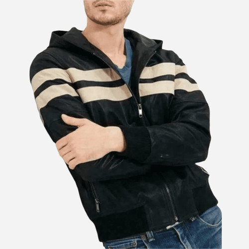 OFF WHITE Giubbotto bomber uomo nero con cappuccio e righe bianco sporco giacca pelle nera