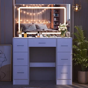 Bedroom Makeup Vanity Set Dressing Table White 7 Drawers Dresser with LED Mirror - Picture 1 of 10