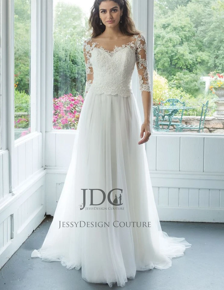 Weiß Tüll Brautkleid Hochzeitskleid Spitze Transparent Krosage m.Ärmel n.Maß Neu - Bild 1 von 4