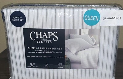CHAPS by Ralph Lauren 6pc QUEEN Sheet Set with 4 Pillowcases White Grey Stripe - Image 1 of 4