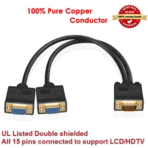VGA 15 Pin Male to 2 Dual VGA Female Y Splitter Cable for Screen Duplication - Picture 1 of 11