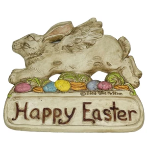 The Stone Bunny HAPPY EASTER Flying Rabbit Wings Telle M Stein Wall Plaque 2006 - Picture 1 of 13