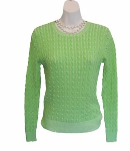 Magaschoni Cable Knit Sweater Size L Large GREEN White Cotton L/S Cabled Casual - Picture 1 of 6