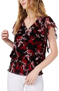 NWT INC Women Floral Sheer V-Neck Blouse Top Black And Red Size S - Picture 1 of 3