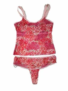 Josie Natori Cami Tank Lingerie Set Red Sheer Mesh Floral Pink Lace Trim L / M - Picture 1 of 17