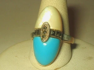Southwestern Turquoise Marcasite MOP Gold on 925 Sterling Sz 7.25 Ring 6.7g - Picture 1 of 6