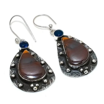 Tiger Eye, Blue Topaz Gemstone 925 Sterling Silver Jewelry Earring 2.17" T291 - Image 1 of 3
