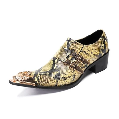 Mens Pointed Toe Buckle Real Leather Evening Party Dress Shoes Snakeskin Printed - Image 1 of 4