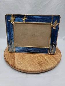 Blue Slag Glass Picture Frame With Gold Tone Inlay With Geese And Cattails 8.5x6 - Picture 1 of 6