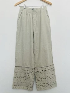 ZARA Linen Blend Wide Leg Pants Sz S Crochet Hem Detail Pull-On Pockets Boho - Picture 1 of 9
