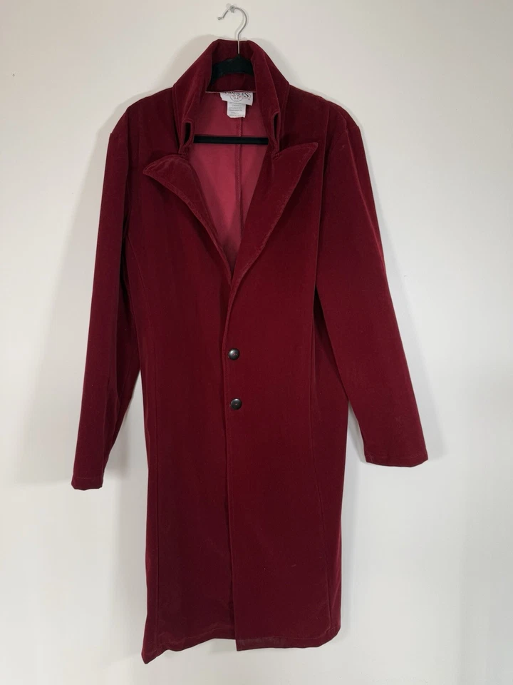 Charades Deep Red Velvet Trench Coat Size Large High Collar Dramatic Costume - Image 1 of 4