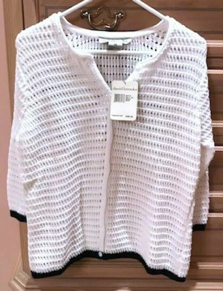 NWT New David Brooks White w/ Black Trim Loose Knit 3/4 Sleeve Sweater M $89 - Image 1 of 1