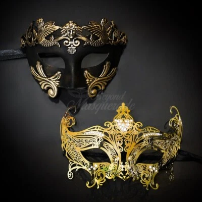 ROMAN COUPLE'S MASQUERADE MASKS | ELEGANT MASQUERADE MASKS - Black/Gold - Image 1 of 4