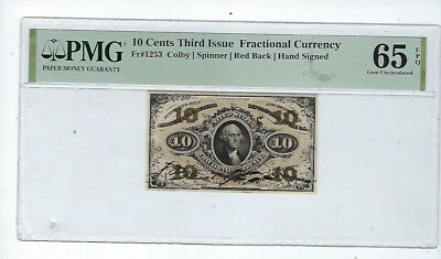 US 10c Fractional Currency Autographed Red Back FR 1253 PMG 65 EPQ Ch CU  - Image 1 of 2