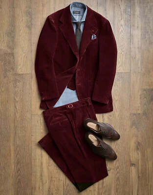 Men's Corduroy Suits Single Breasted Flat Lapel Jacket Casual Business 2 Piece - Image 1 of 4