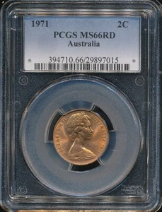 Australia 1971 dos centavos 2c (lagarto con cuello volante) - graduación profesional MS66RD - Imagen 1 de 3